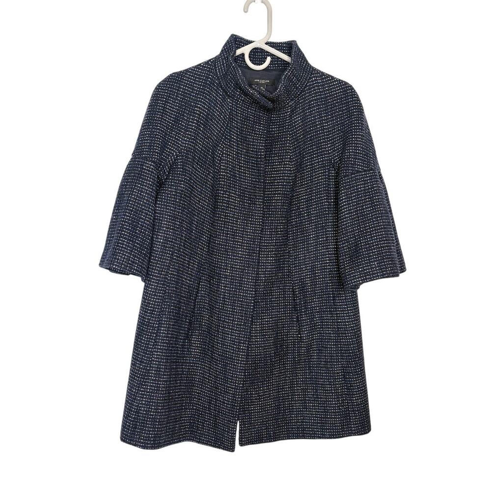 Ann Taylor Tweed Wool Blend Coat Sz M Funnel Neck 3/4 Sleeve Neutral Chic Career